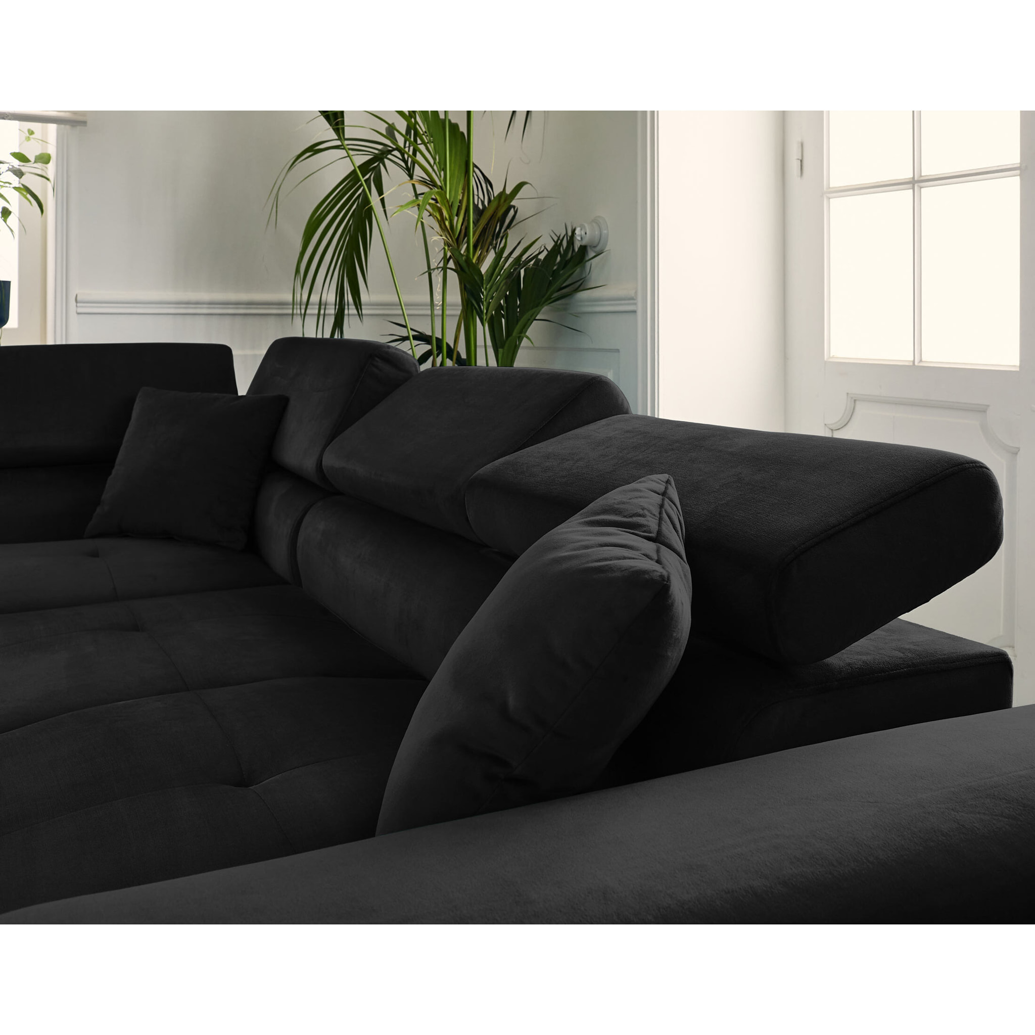Dimas - canapé d'angle gauche 5 places - convertible avec coffre et têtières réglables - en velours - Noir
