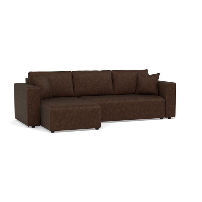 Topaze - canapé d'angle réversible 4 places convertible avec coffre en simili - Marron