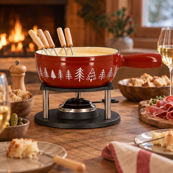 Fondue montagne 1.9l en fonte crème et brique avec 6 fourchettes