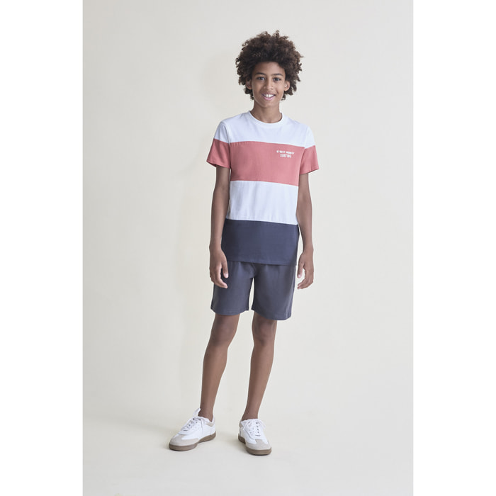 Conjunto de camiseta con bloques de paneles horizontales y bermuda lisa de estilo casual | Color: Ebano | Street Monkey