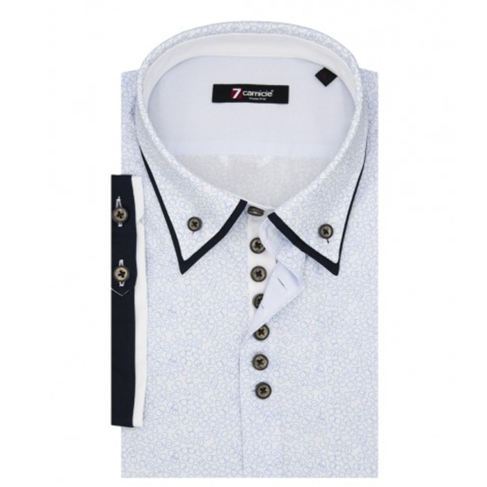 Camicia Uomo 1 Bottone Button Down Doppio Collo Slim Popeline Stampato Bianco/Celeste