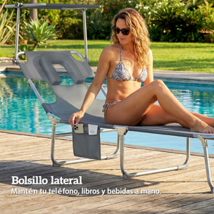 Set de 2 Tumbonas Jardín Exterior, Tumbonas Plegables con Reposacabezas, Dosel 360°, Orificio Facial, Bolsillo Lateral, Respaldo Reclinable 5 Posiciones y Textilene 550 g/m² para Playa, Gris