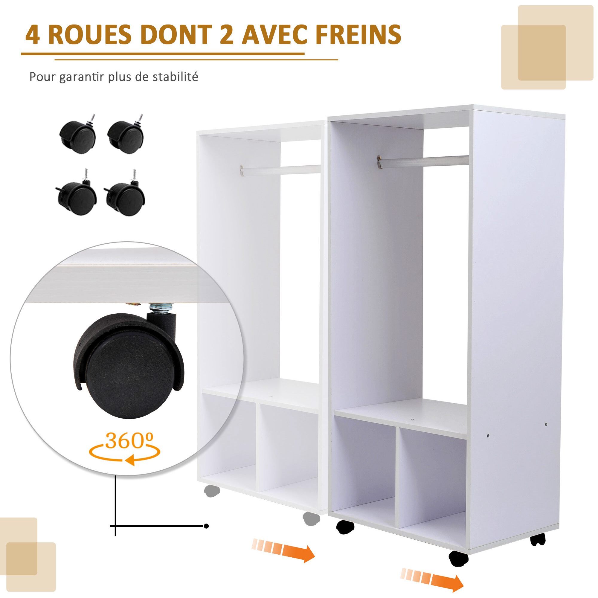 Portant à vêtements penderie mobile avec roulettes 2 niches + grand espace penderie panneaux particules blanc