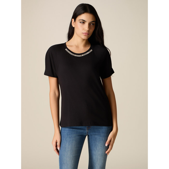Oltre - T-shirt in cotone con castoni - Nero