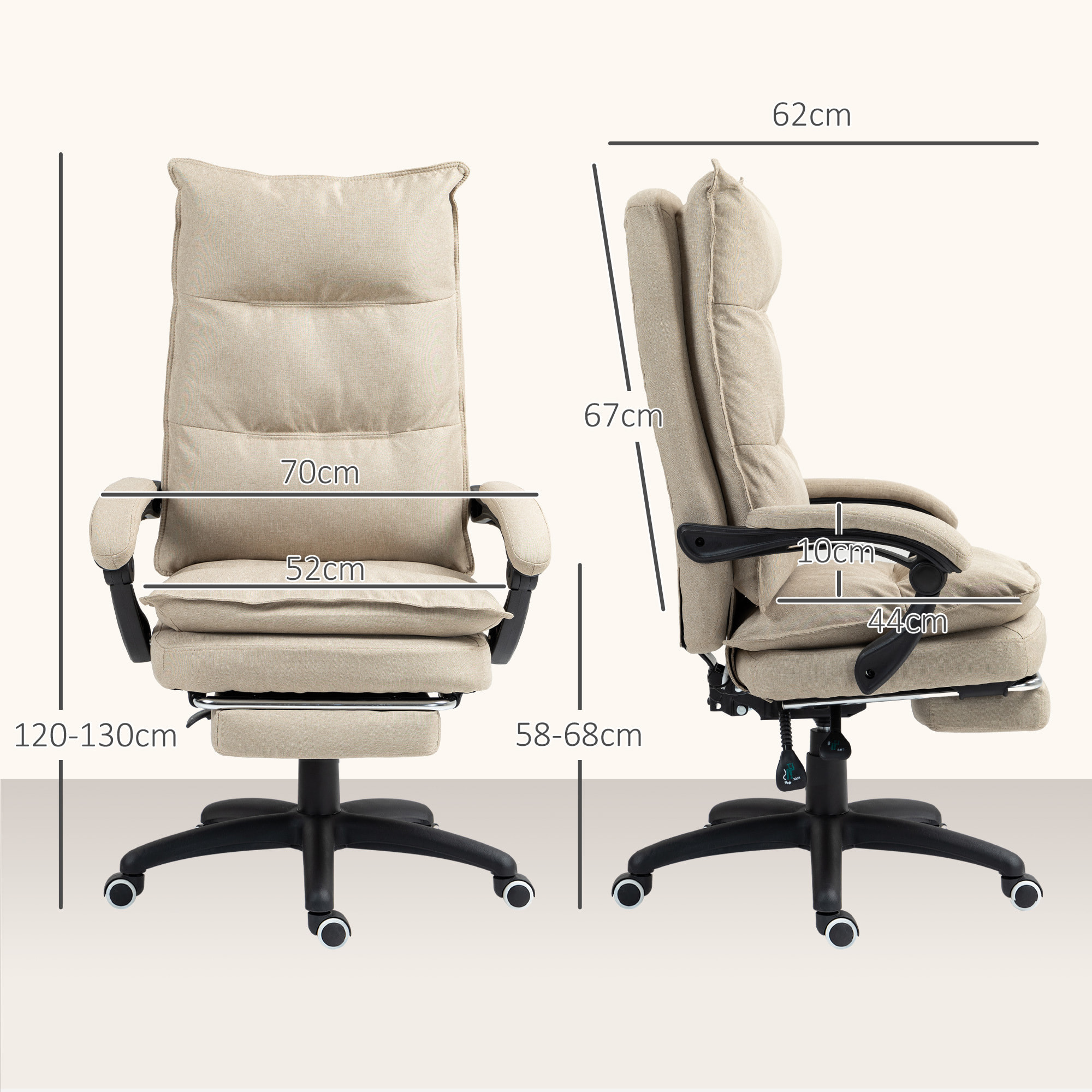 Vinsetto Silla de Oficina Ejecutiva con Masaje, Silla de Escritorio Ergonómica con Altura Ajustable, Respaldo Reclinable, Reposapiés, Mando con Cable, Giratoria 360°, Beige
