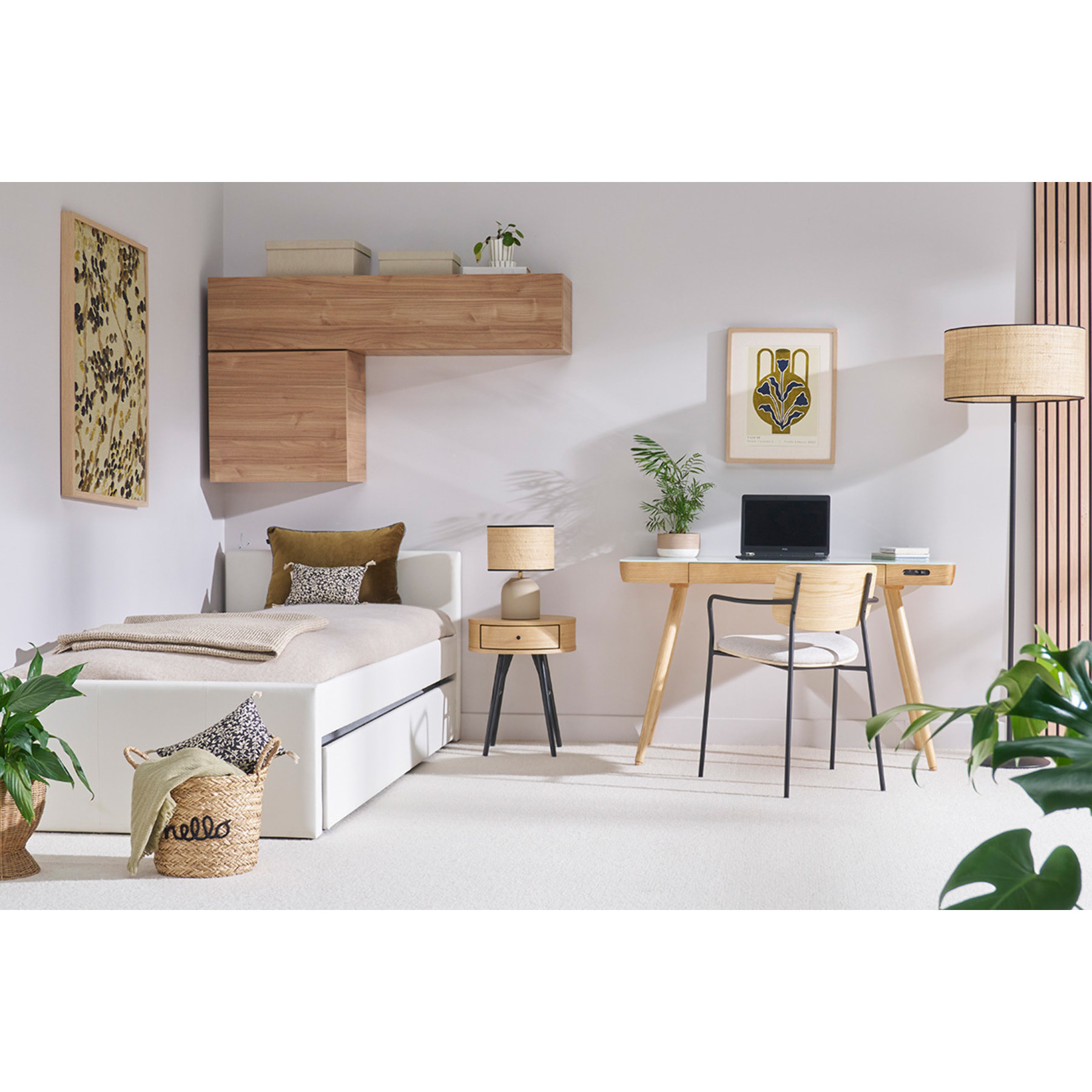 Chaises en bois clair chêne, tissu effet velours texturé beige et métal noir (lot de 2) SUSAN