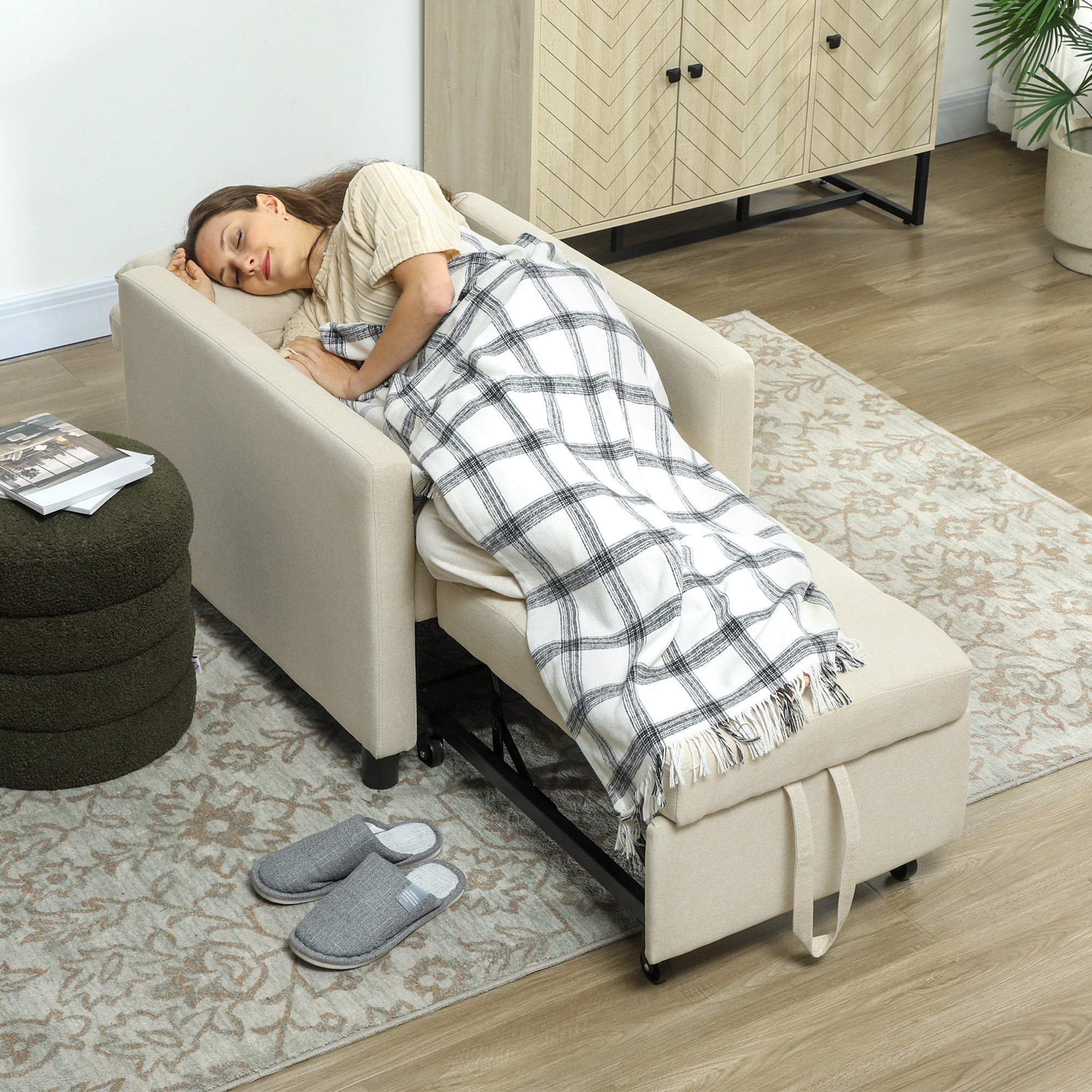 Sofá Cama de 1 Plaza 3 en 1, Sillón Cama Tapizado en Lino, con Respaldo Ajustable de 3 Niveles, Almohada Acolchada, para Oficina, Dormitorio, Salón, 69x82,5x84 cm, Beige