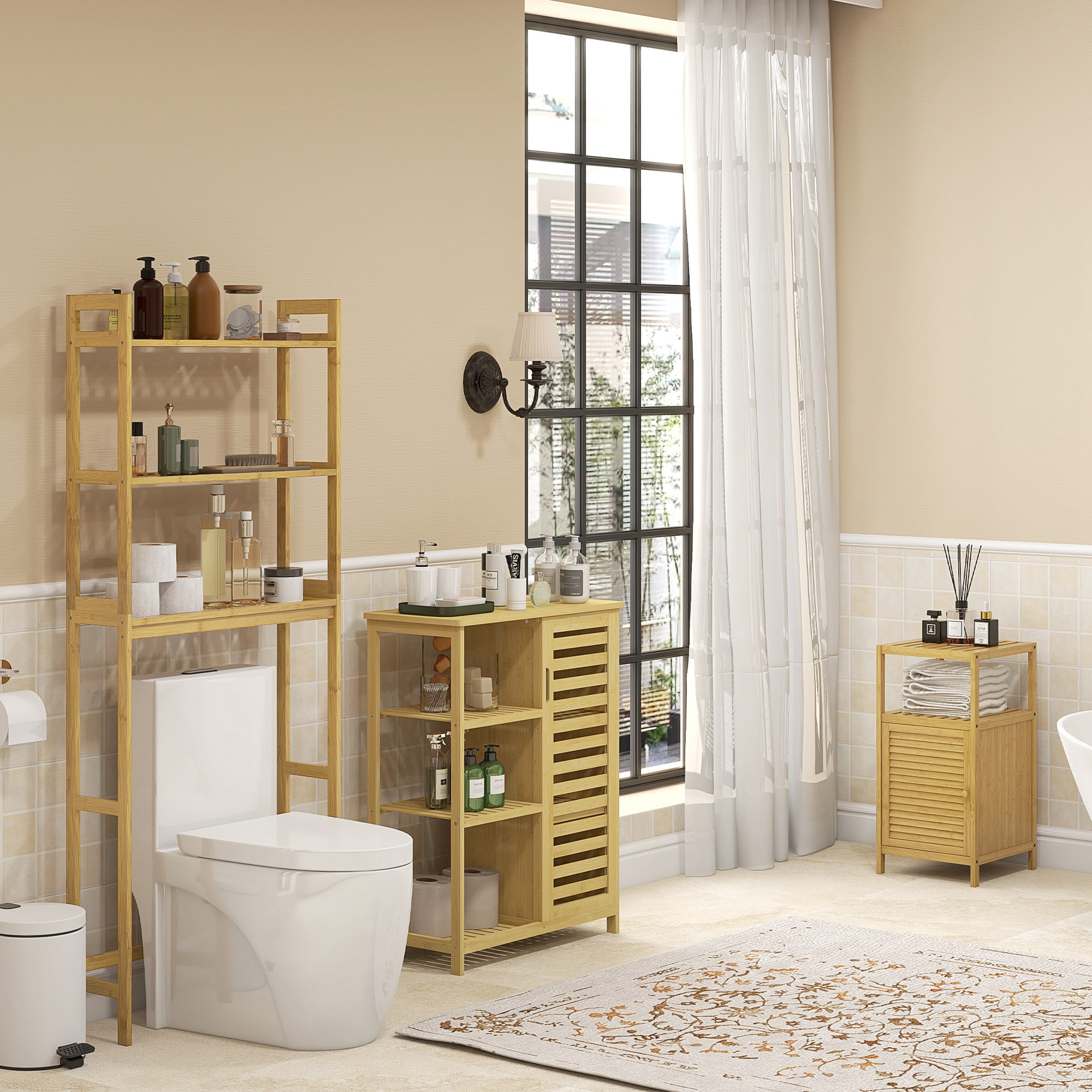 Estantería sobre Inodoro de Bambú Estantería de Baño con 3 Estantes y Alfombrillas Antideslizantes Antivuelco Estilo Moderno 68x20x165 cm Natural