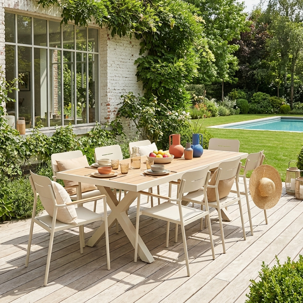Table de jardin aluminium + 8 assises ELINA + FIRA