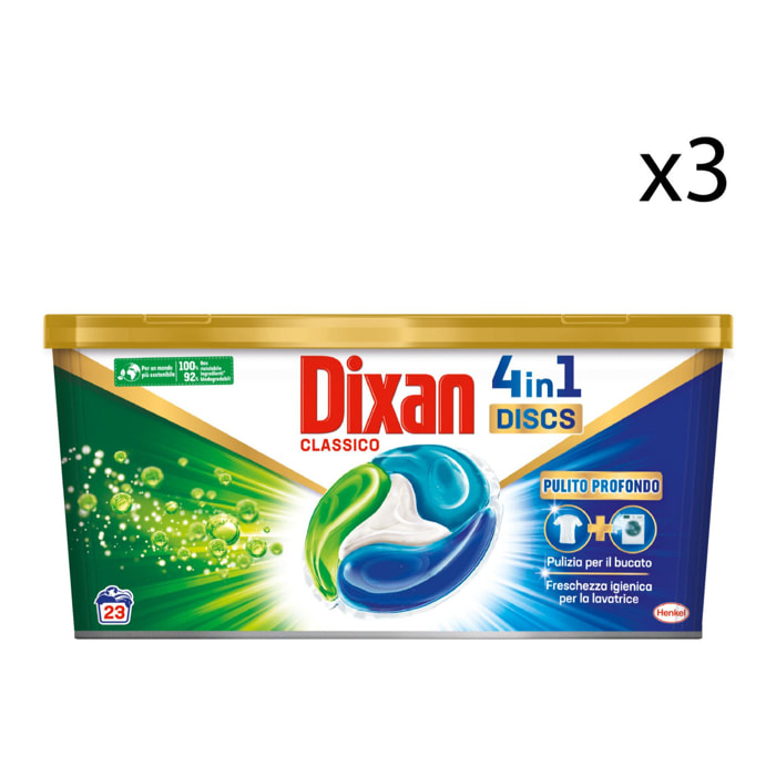 3x Dixan Discs Classico Detersivo per Lavatrice Azione 4in1 Pulito Profondo - 3 Confezioni da 23 Capsule