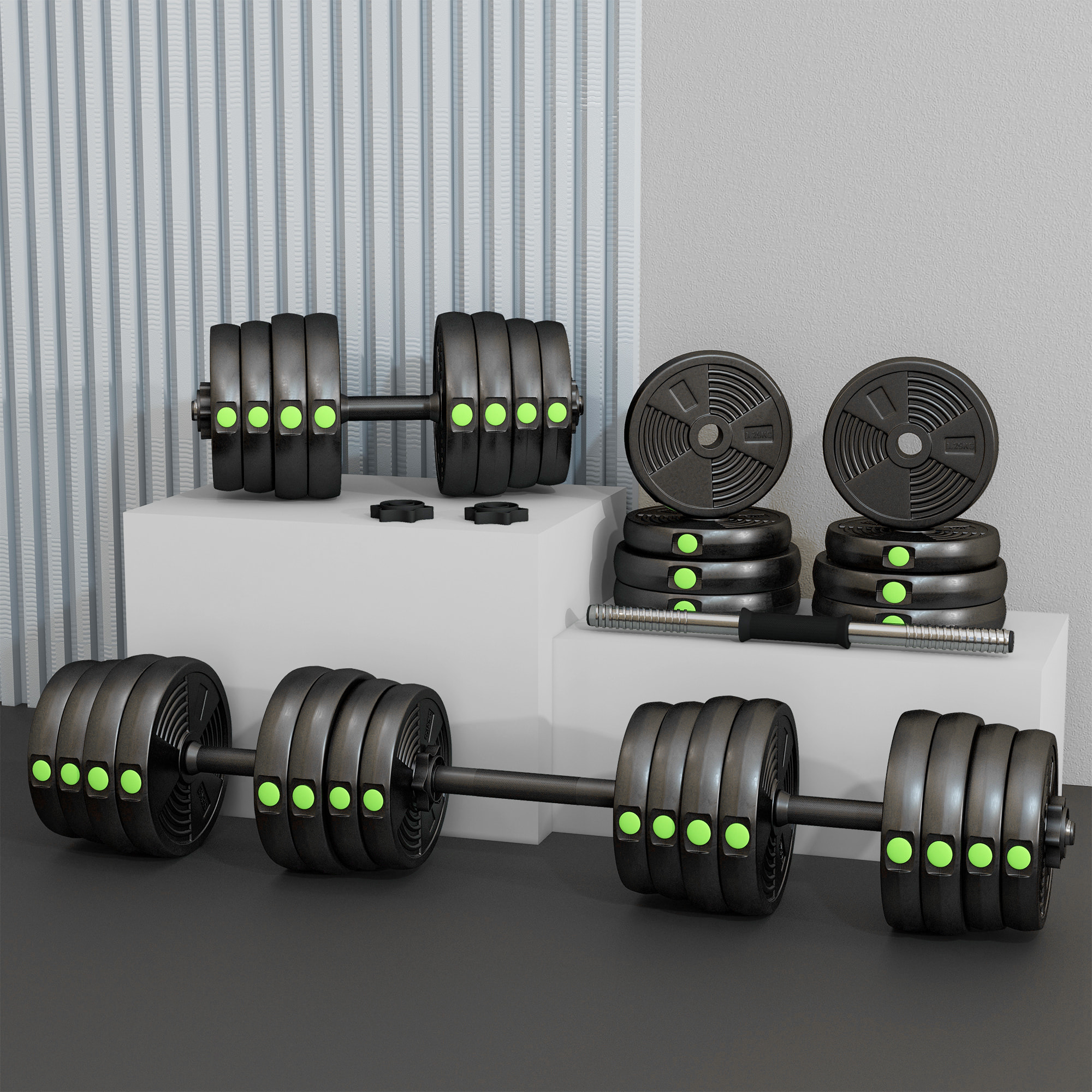 Kit de Mancuernas 30kg 2 en 1 Juego de Pesas con Barra de Pesas Mango Antideslizante Mancuernas Ajustables para Entrenamiento de Fuerza en Hogar Gimnasio Oficina Negro y Verde