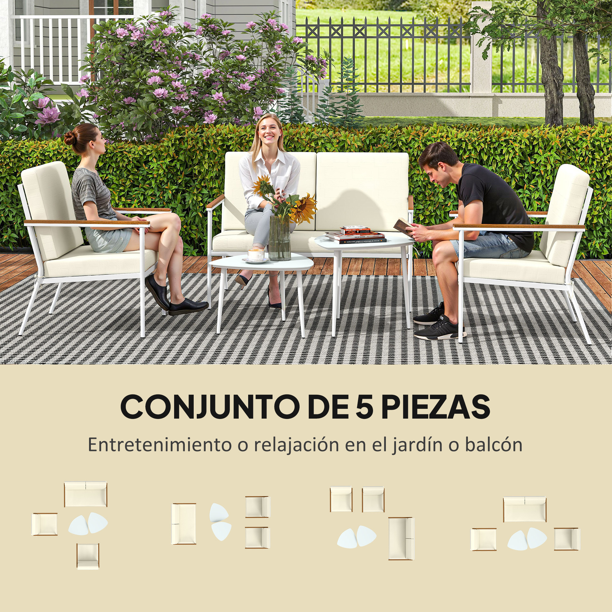 Conjunto de Jardín Exterior 5 Piezas Muebles Jardín Exterior con 1 Sofá de 2 Plazas 2 Sillones y 2 Mesas de Centro con Tablero de Vidrio Templado Cojines Lavables Beige