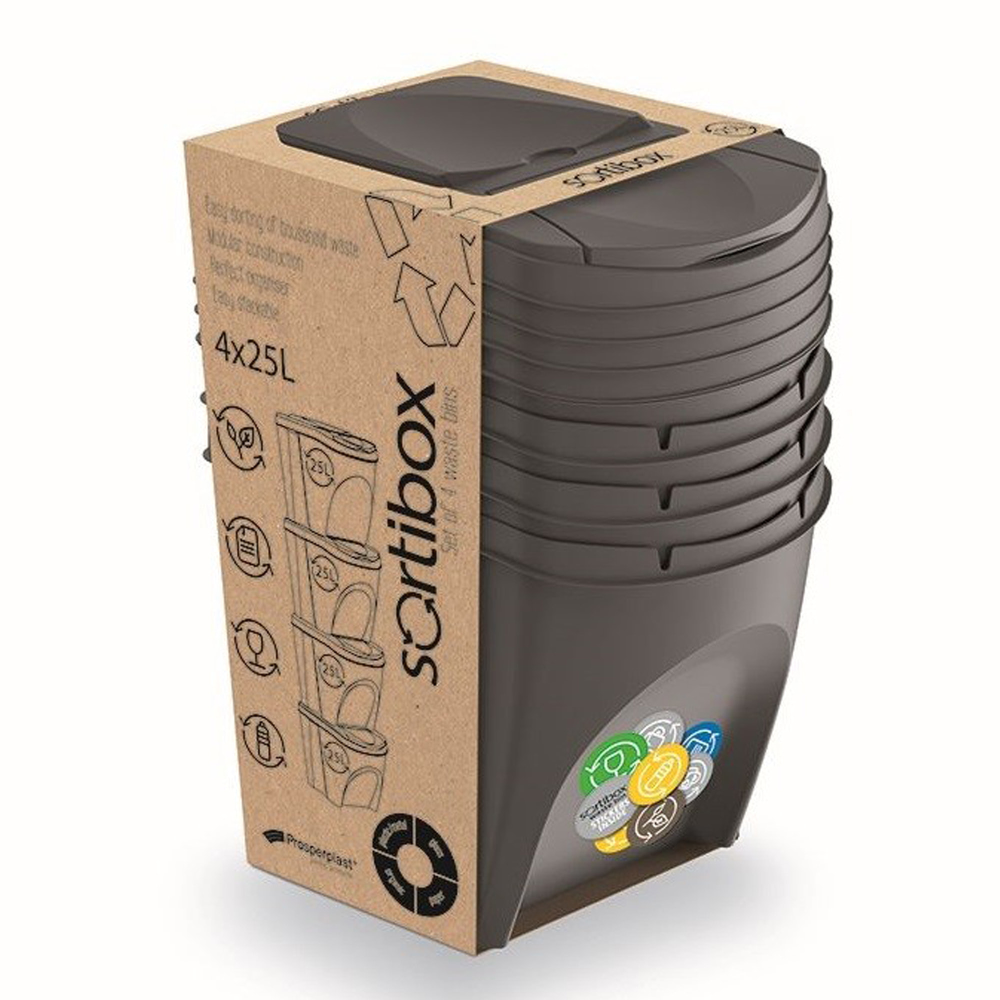 Juego de 4 cubos de reciclaje 100L Prosperplast Sortibox de plastico en color gris