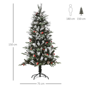 HOMCOM árbol de Navidad Artificial 150 cm con 440 Ramas 39 Piñas y 39 Bayas Hojas de PVC PE Base Plegable y Soporte Metálico Decoración Navideña para Interiores Verde