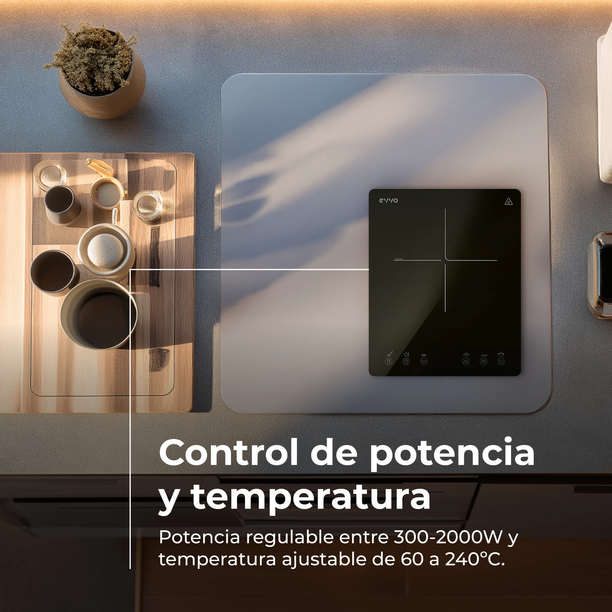 Placa de Inducción Portátil EVVO V26 Trip, 2000W, Control táctil, Ajuste de potencia y temperatura, Temporizador