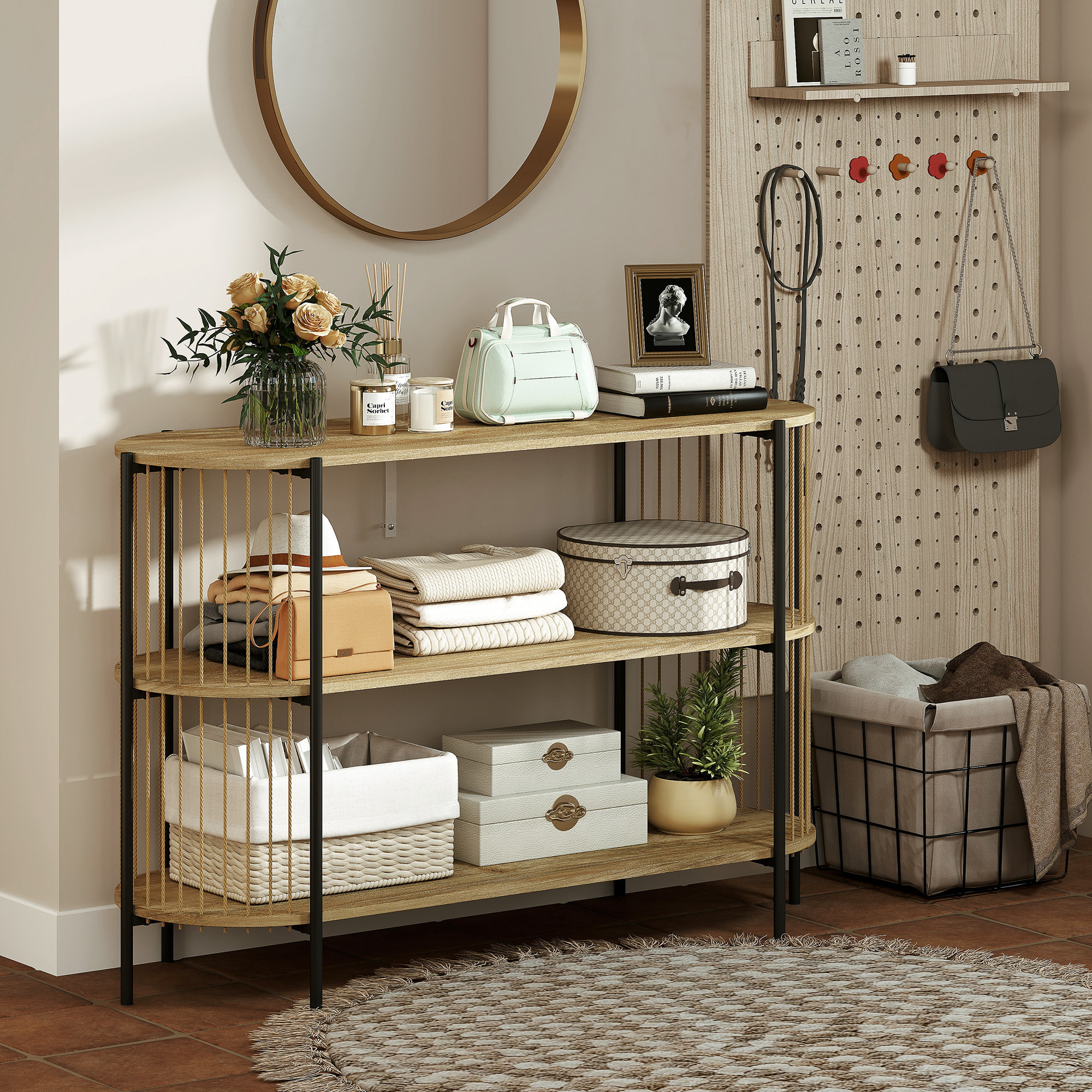 Mesa de Consola con Cuerda de Papel Trenzada a Mano Consola Recibidor de 3 Niveles con Marco de Acero Estilo Bohemio para Entrada Sala de Estar 124x43,5x80 cm Natural