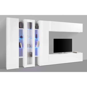 Parete attrezzata da soggiorno, Made in Italy, con luce LED blu, Base porta TV e pensili e scaffali, Set salotto moderno, cm 340x30h180, colore Bianco lucido