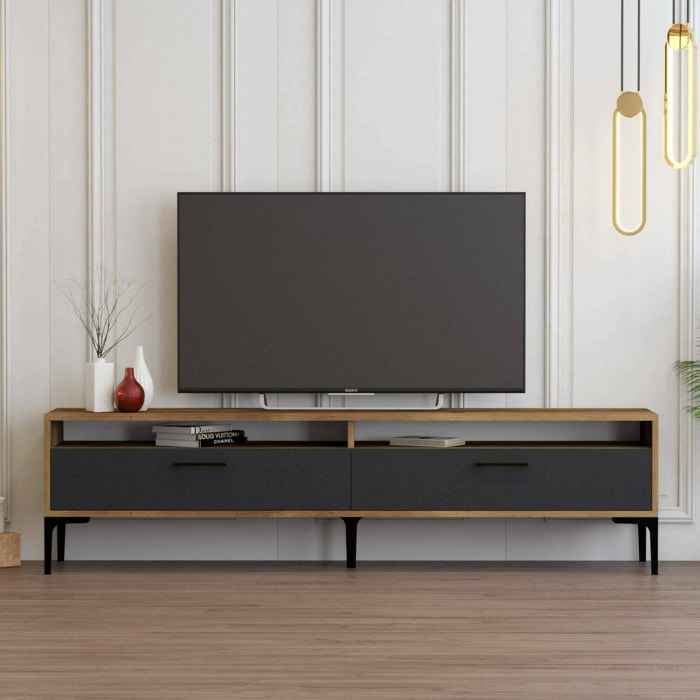 Mobile porta TV Angiari, Credenza da soggiorno, Armadio basso per TV, Base parete attrezzata, 180x47h35 cm, Noce e Antracite
