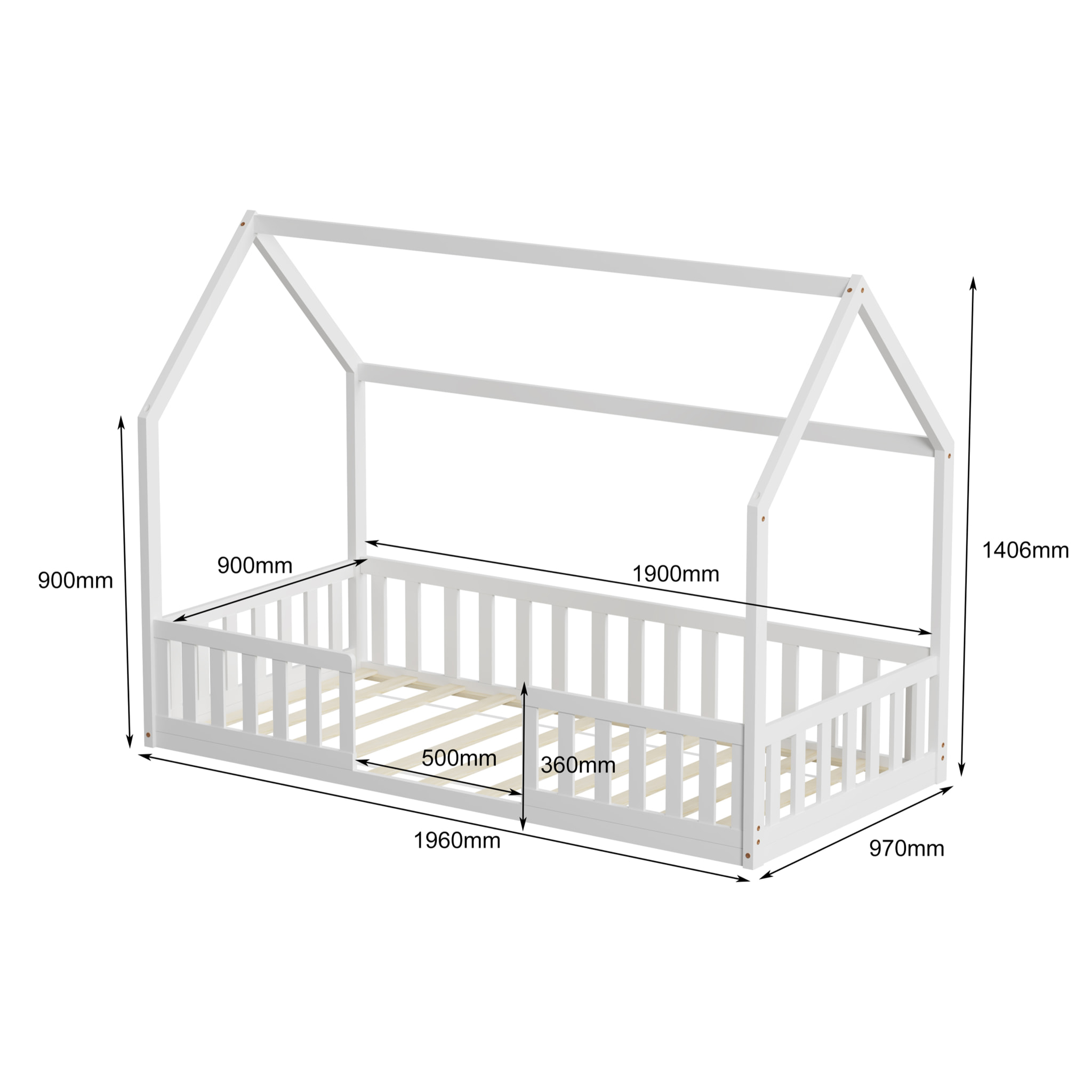 Lit Cabane Nid enchanté 90 x 190 cm, Blanc, Bois de Pin naturel, Barrières latérales de sécurité, Favorise l'imagination