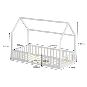 Lit Cabane Nid enchanté 90 x 190 cm, Blanc, Bois de Pin naturel, Barrières latérales de sécurité, Favorise l'imagination