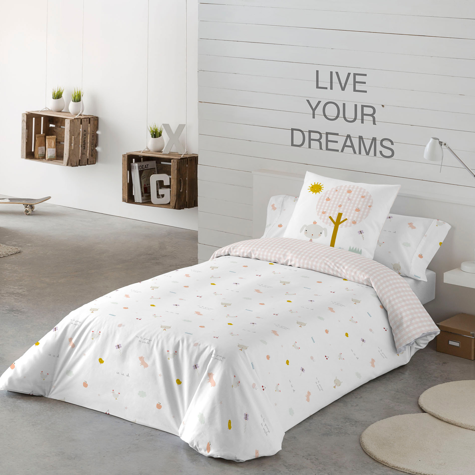 Haciendo el Indio - Funda Nórdica Estampada - Reversible - Infantil - Cierre Solapa - 100% Algodón - Incluye 1 Funda de Almohada - Granja