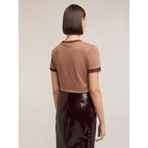 Motivi - T-shirt con bordi in maglia - Marrone