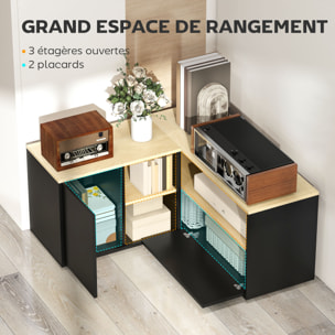 Meuble TV d'angle banc TV en L 2 portes 3 niches panneaux aspect bois chêne clair noir