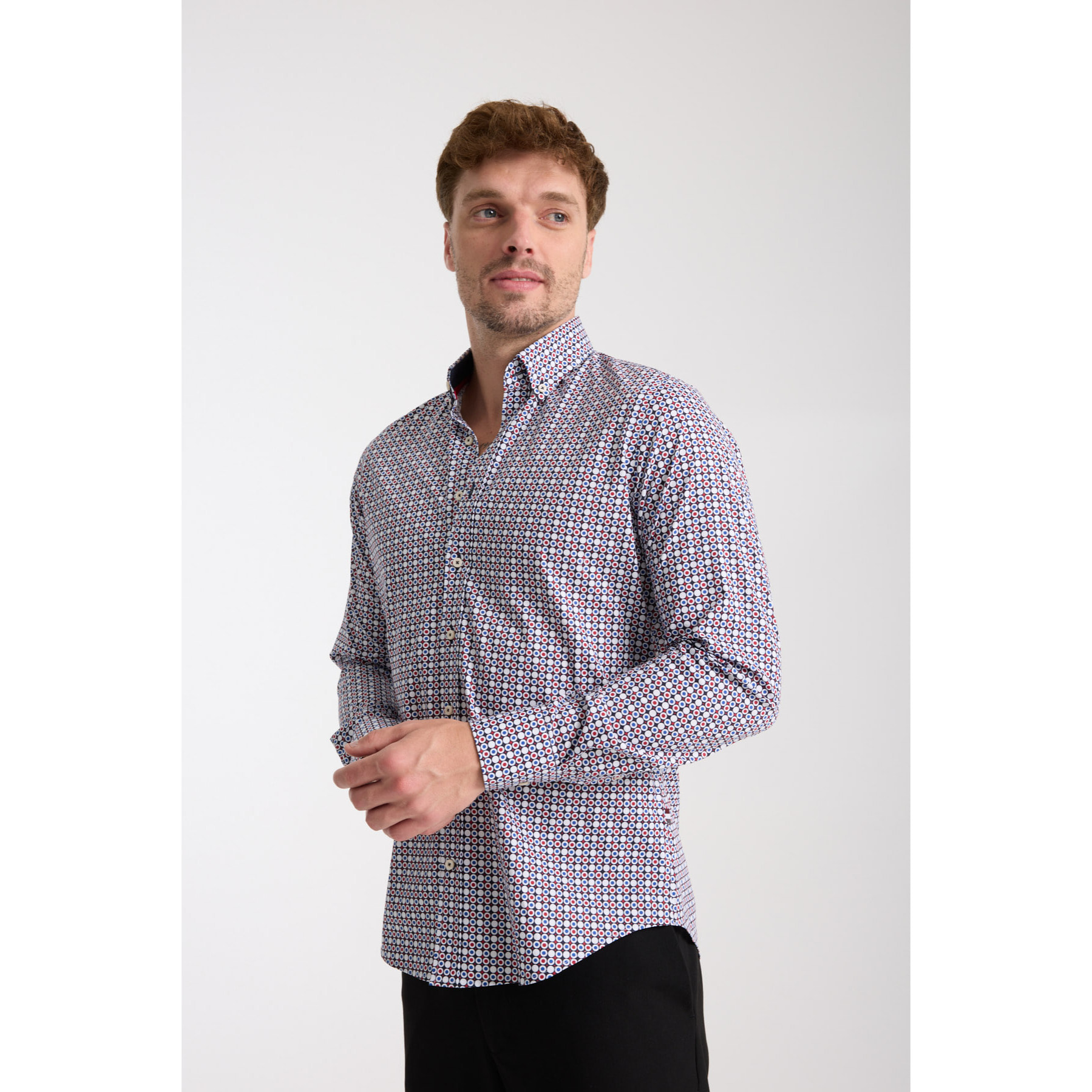 camicia uomo 1 bottone button down slim Popeline Stretch Stampato Blu\Rosso