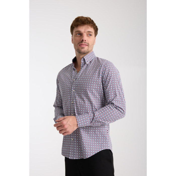 camicia uomo 1 bottone button down slim Popeline Stretch Stampato Blu\Rosso