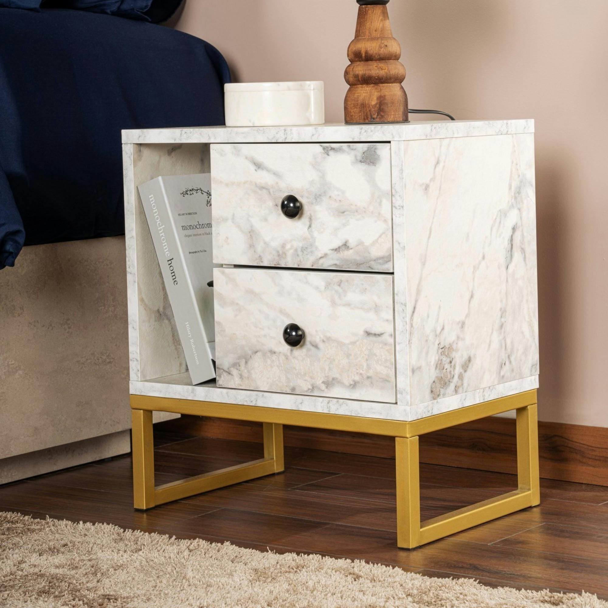 Table de nuit 2 tiroirs - effet marbre, pieds dorés JENA