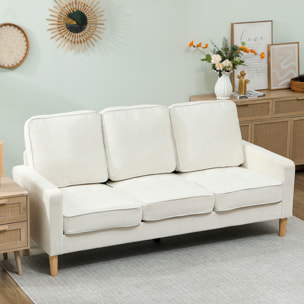 Canapé 3 places en velours, 185 cm, design moderne, canapé avec coussins épais, pieds en bois d'hévéa et assise capitonné, pour salon, chambre, bureau, crème