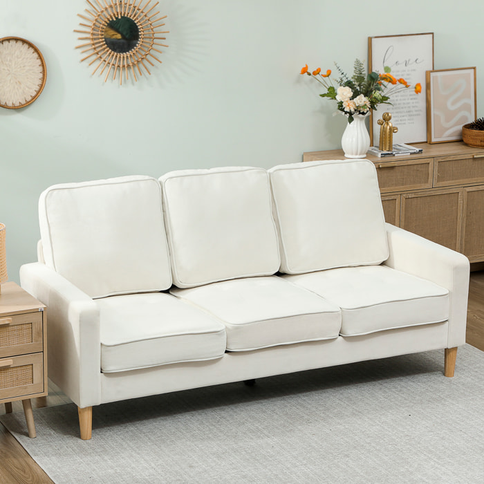 Canapé 3 places en velours, 185 cm, design moderne, canapé avec coussins épais, pieds en bois d'hévéa et assise capitonné, pour salon, chambre, bureau, crème
