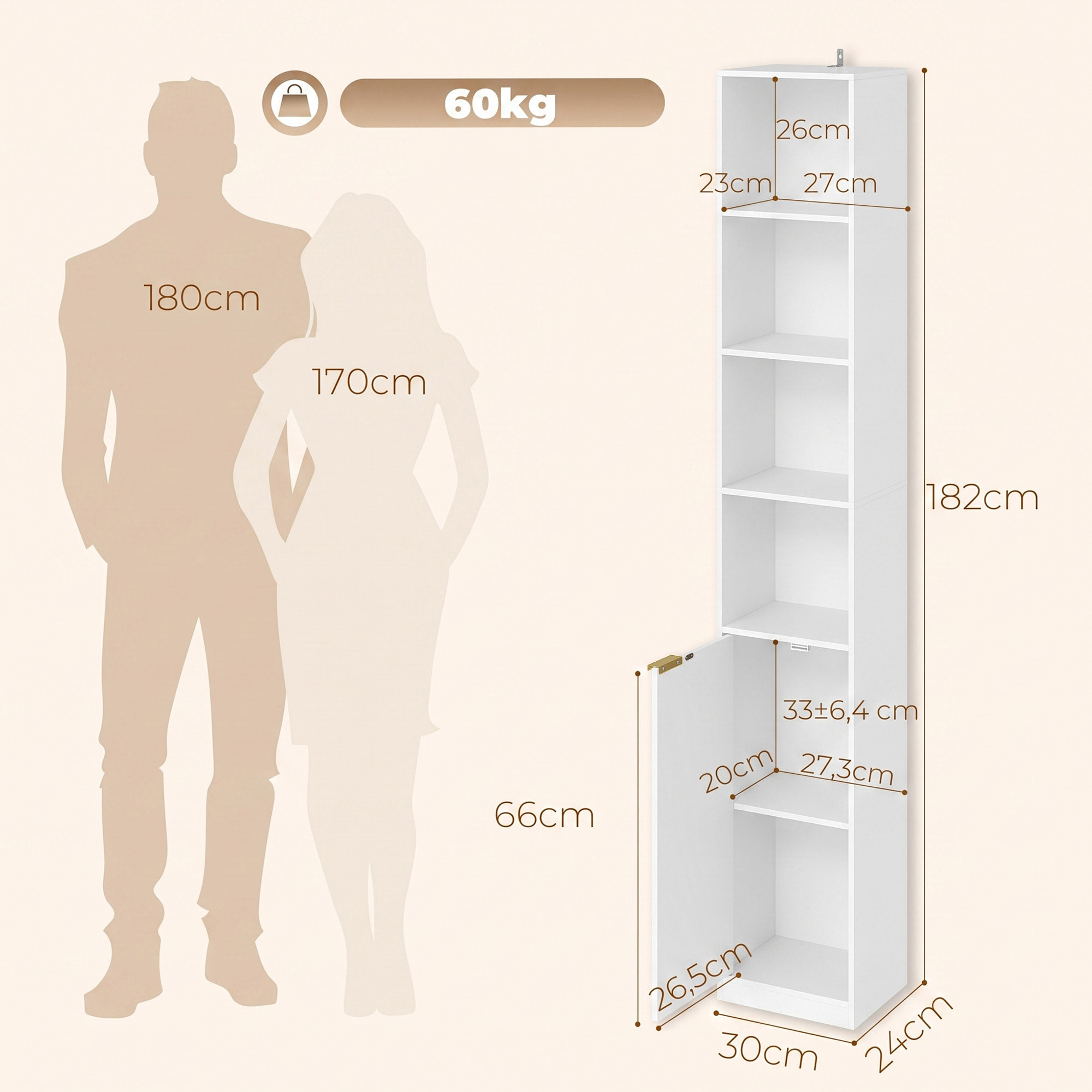 HOMCOM Estantería para Libros de 6 Niveles, Librería Alta y Estrecha con 4 Estantes Abiertos, Puerta y Estante Ajustable, Armario para Salón, Estudio, Oficina, 30x24x182 cm, Blanco