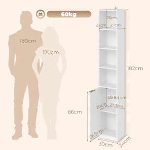 HOMCOM Estantería para Libros de 6 Niveles, Librería Alta y Estrecha con 4 Estantes Abiertos, Puerta y Estante Ajustable, Armario para Salón, Estudio, Oficina, 30x24x182 cm, Blanco