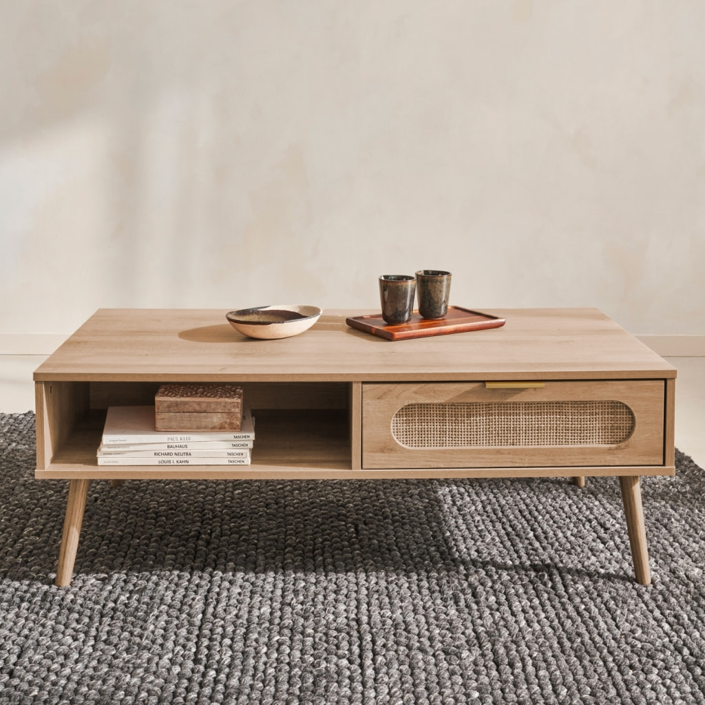 Table basse rectangulaire décor bois et cannage arrondi 1 tiroir EVA