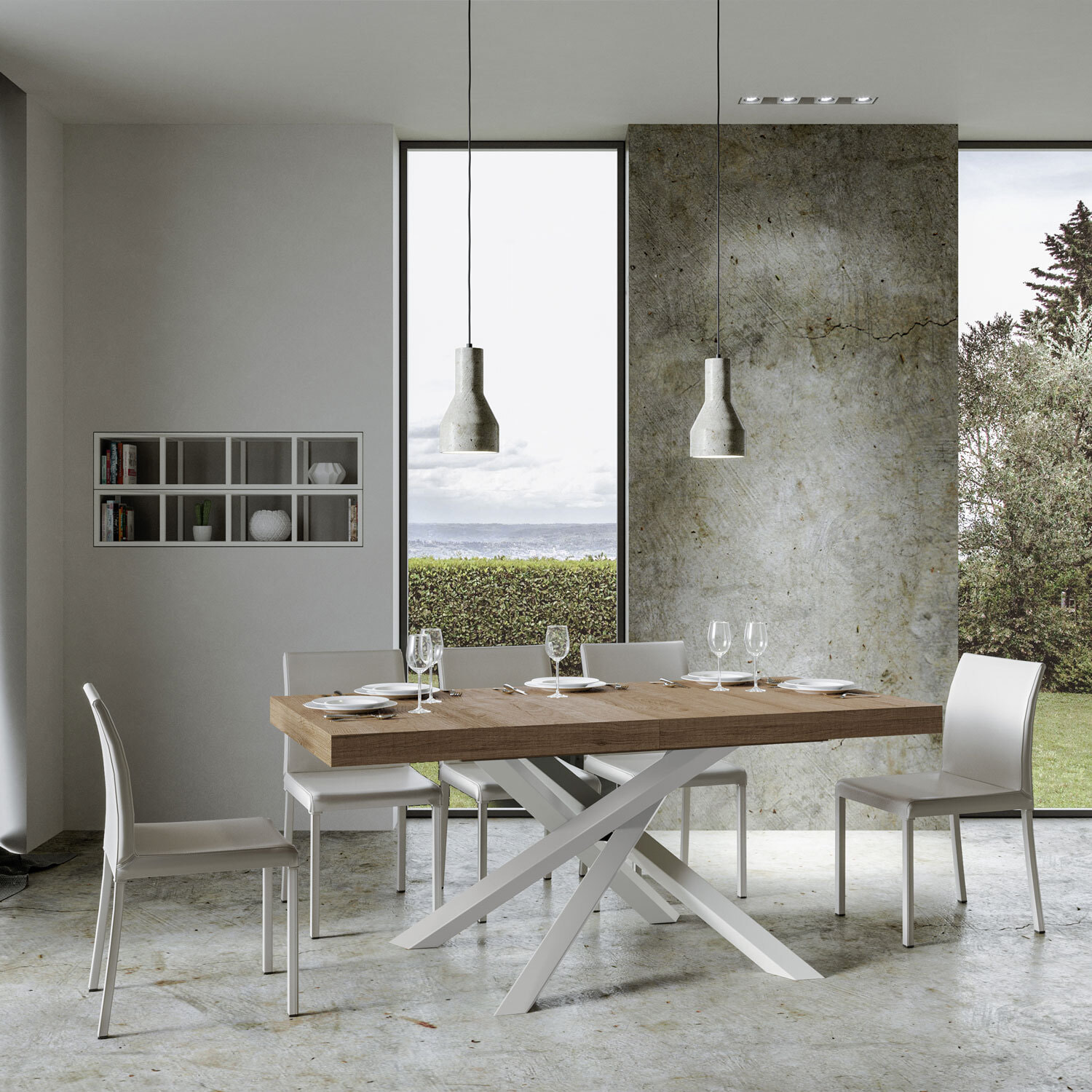 Mesa extensible 90x200/460 cm Volantis Roble Natural estructura blanco