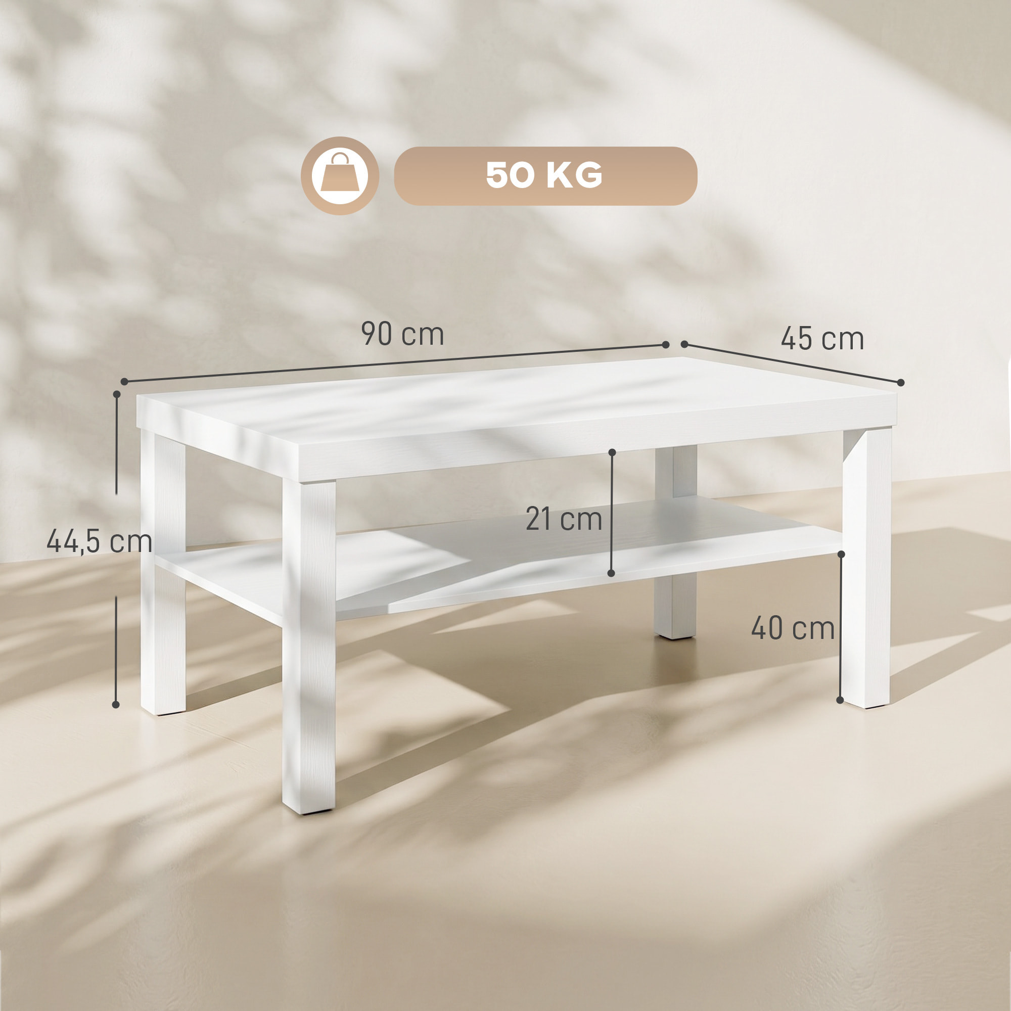 Mesa de Centro, Mesa de Café para Salón con Estante Abierto, Tablero Grueso, para Sala de Estar, Comedor, Oficina, 90x45x44,5 cm, Blanco