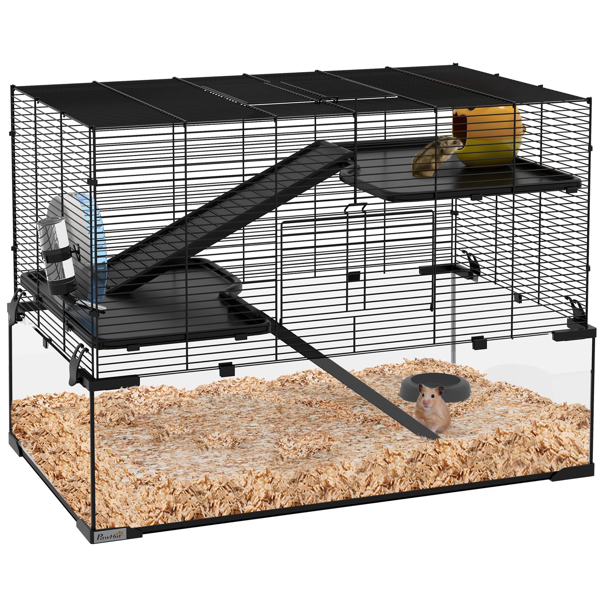 Cage hamster rongeur 3 niveaux 76 x 48 x 54 cm - roue, rampes, maisonnette, abreuvoir, mangeoire - noir