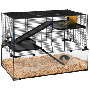 Cage hamster rongeur 3 niveaux 76 x 48 x 54 cm - roue, rampes, maisonnette, abreuvoir, mangeoire - noir