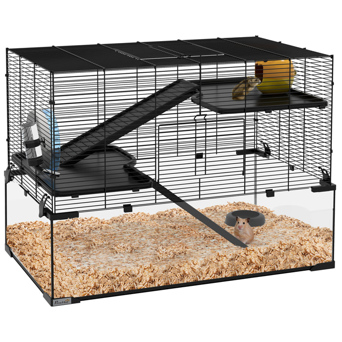 Cage hamster rongeur 3 niveaux 76 x 48 x 54 cm - roue, rampes, maisonnette, abreuvoir, mangeoire - noir