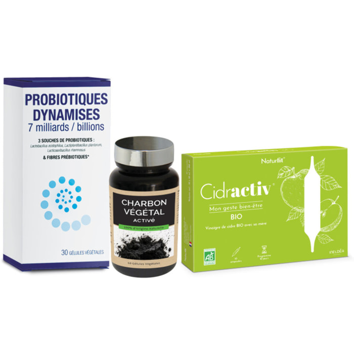Pack Digestion Légère - Cidractiv, Charbon Activé & Probiotiques Dynamisés - Ventre plat, Flore & Confort Intesinal