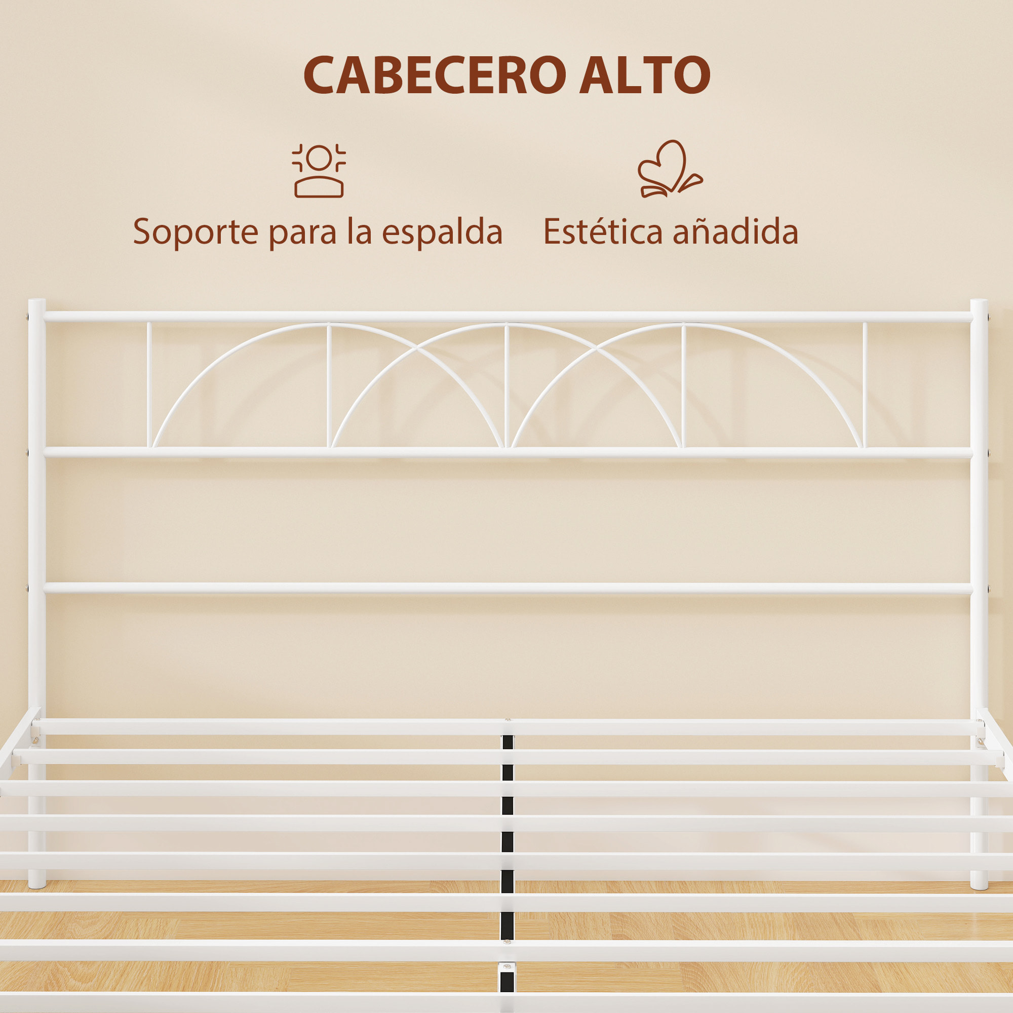 Cama Matrimonio, 160x200 cm, Estructura de Cama de Acero con Cabecero, Soporte de Listones de Acero, Espacio de Almacenamiento Debajo, Blanco