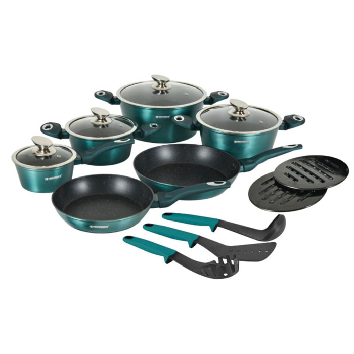 Batterie de cuisine 15 pièces avec revêtement en marbe Bleu Herzberg HGMETBL15-BLU