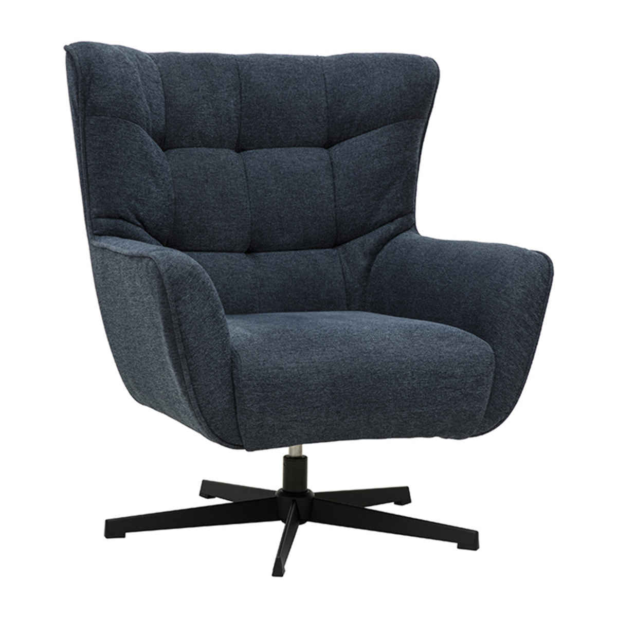 Fauteuil scandinave pivotant en tissu effet velours texturé bleu foncé et métal AVERY