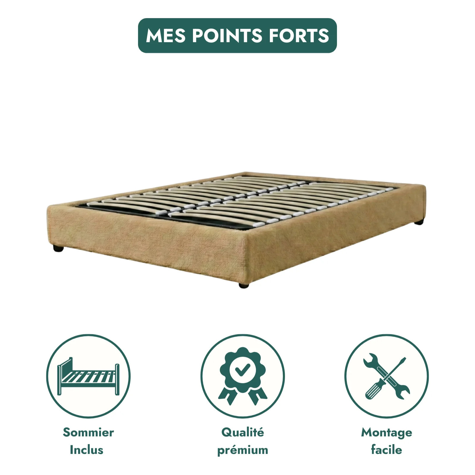 Lit coffre Cancun | Espace de Stockage jusqu'à 900 L | Robuste et Large Angle d’Ouverture | Bouclette | Camel