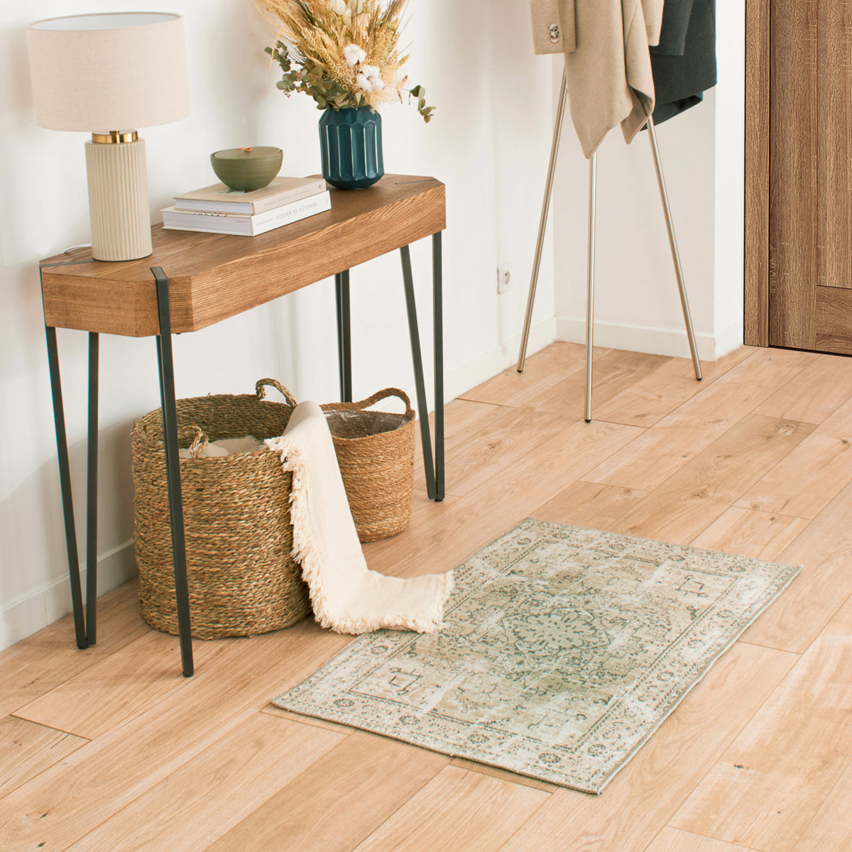 Carry - tapis vintage style oriental lavable en machine à 30°c, kaki