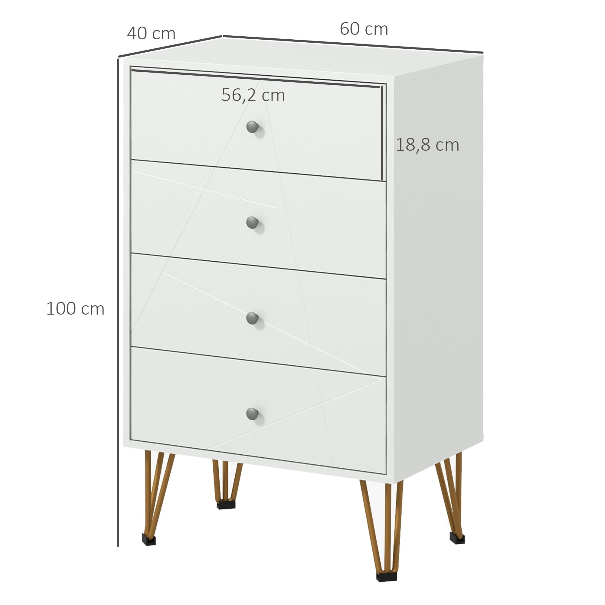 Cómoda de Dormitorio Moderna Cómoda de Madera con 4 Cajones y Patas Metálicas Mueble Cajonera para Salón Oficina 60x40x100 cm Blanco