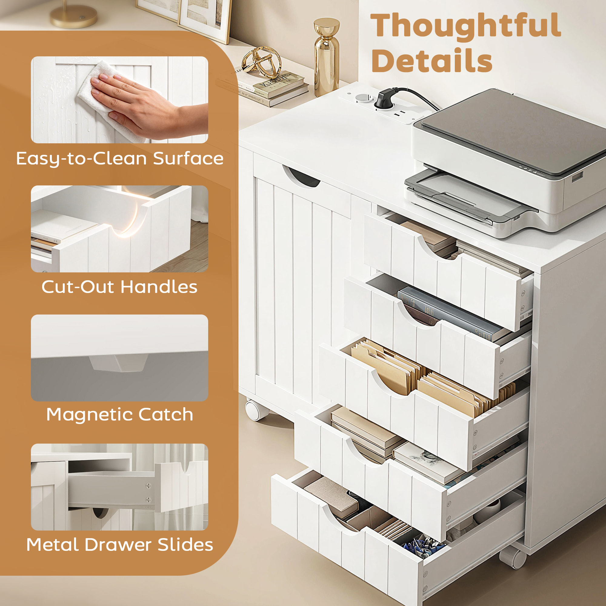 Mueble para Impresora con Estación de Carga y Ruedas, Soporte para Impresora con 5 Cajones, Puertos USB, Estante Ajustable para Oficina en Casa, Blanco