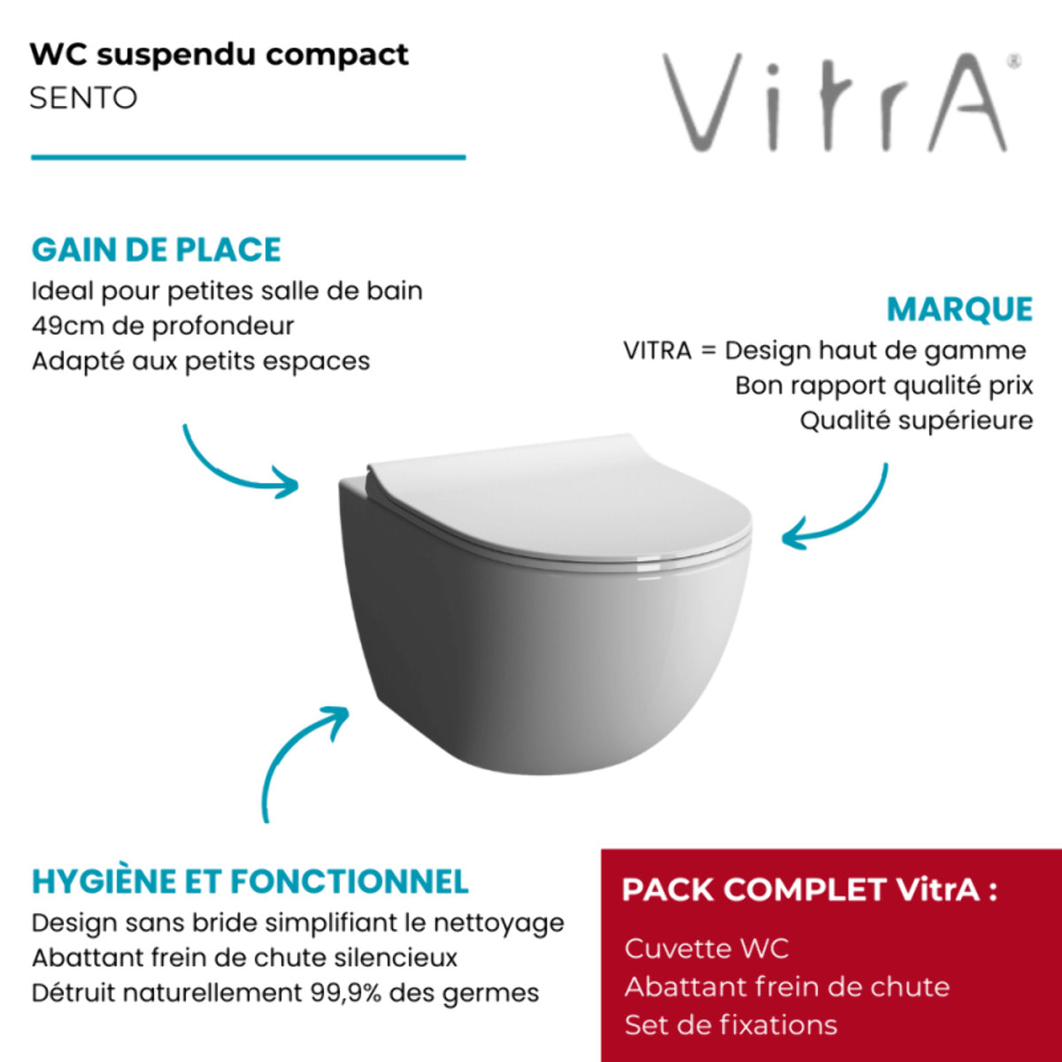 Cuvette WC suspendu compact sans bride Sento avec abattant frein de chute déclipsable
