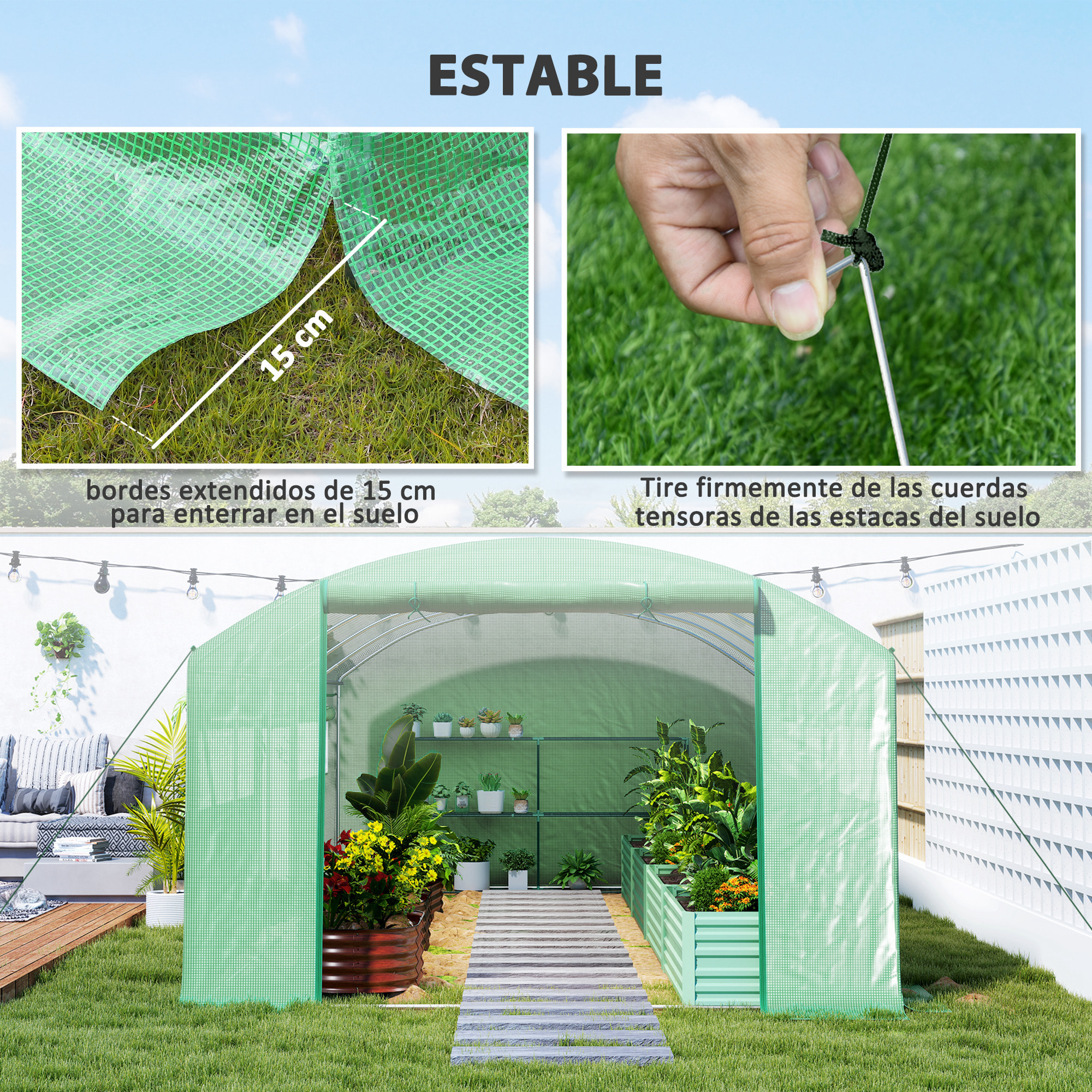 Invernadero de Exterior 6x3x2 m Invernadero de Túnel con 6 Ventanas de Malla Cubierta de PE Anti-UV y 3 Puertas Enrollables con Cremallera Invernadero para Jardín Patio Verde